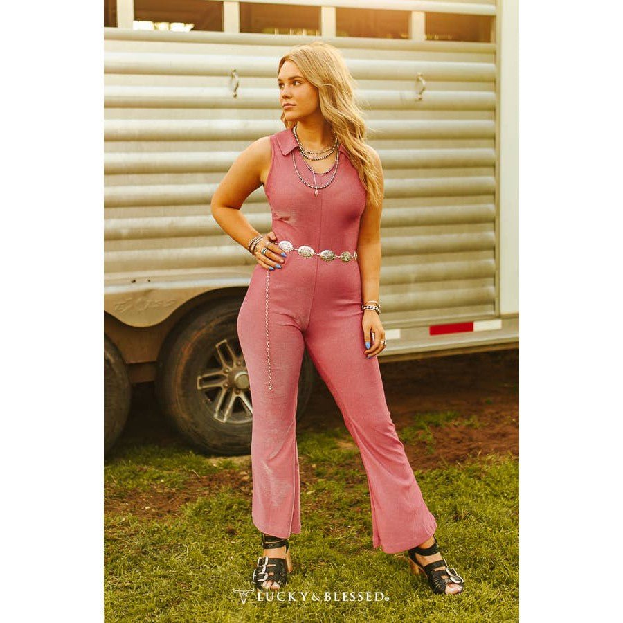 Petite Fit Hyper Pink Shimmer Collared Sleeveless Jumpsuit [Sizes SM - 1X]