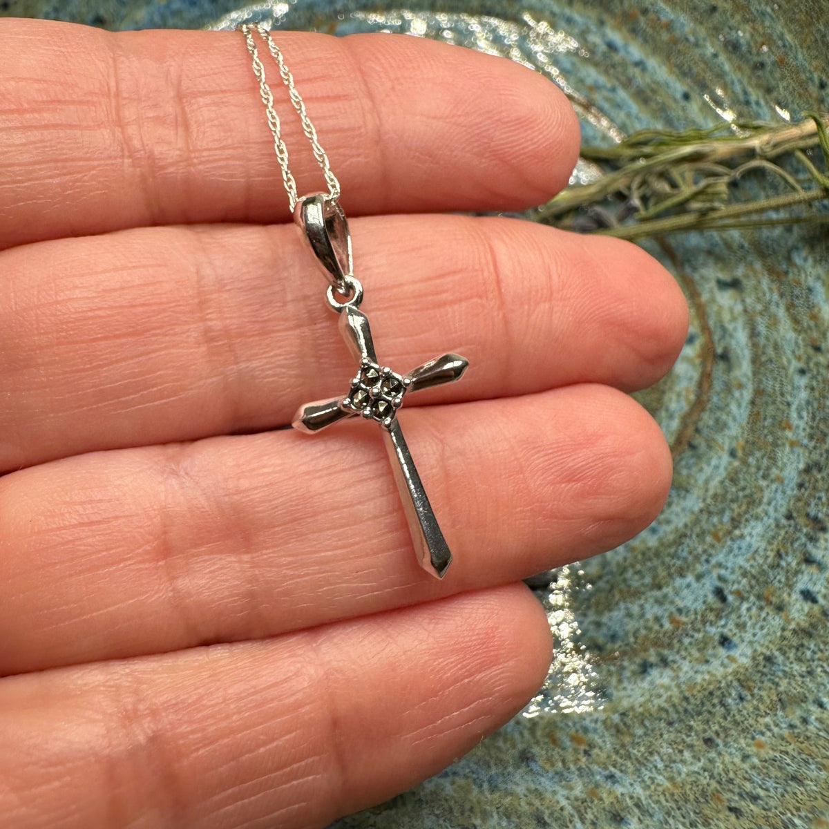 Petite Simplicity Marcasite Cross Necklace in Sterling Silver Pendant La Vie Bien Petite Simplicity Marcasite Cross Necklace in Sterling Silver