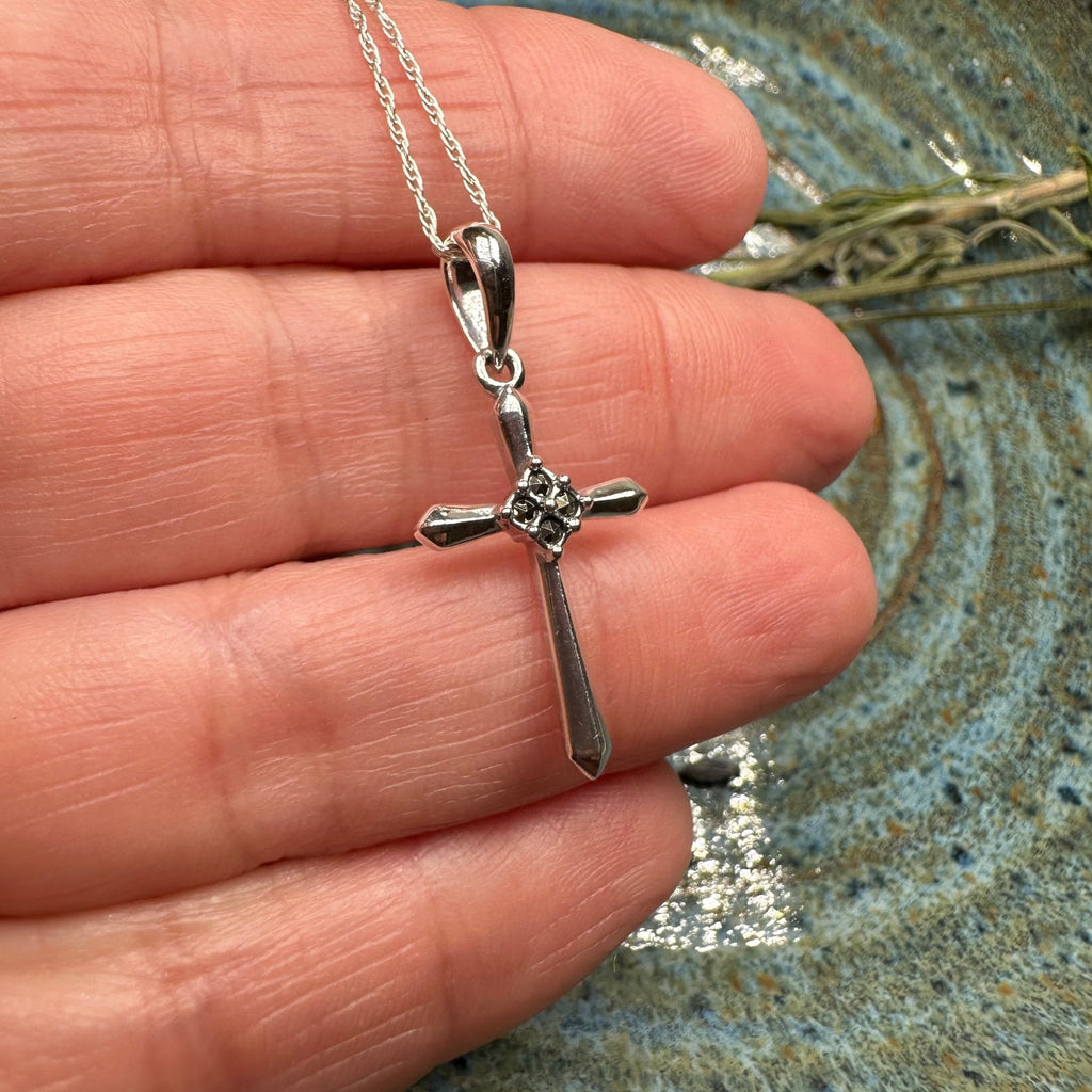 Petite Simplicity Marcasite Cross Necklace in Sterling Silver Pendant La Vie Bien Petite Simplicity Marcasite Cross Necklace in Sterling Silver