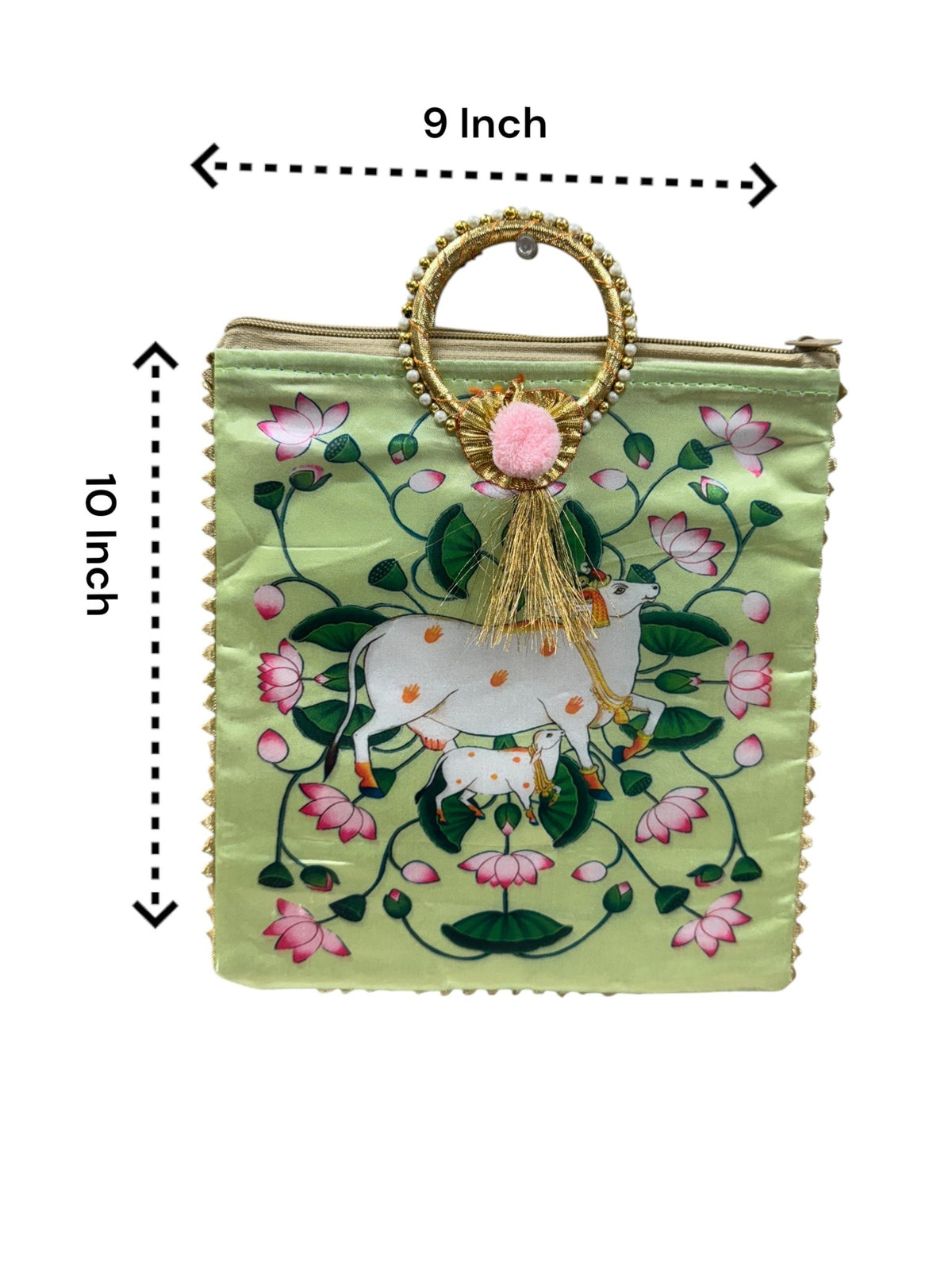 Pichwai Print Silk Bags with Zipper & Round Handle, Set of 5 Traditional Gifts La Vie Bien Pichwai Print Silk Bags with Zipper & Round Handle, Set of 5