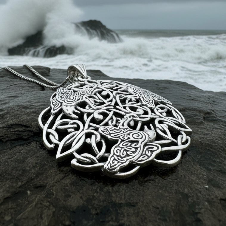 Pictish Triple Celtic Raven Necklace in Sterling Silver Pendant La Vie Bien Pictish Triple Celtic Raven Necklace in Sterling Silver