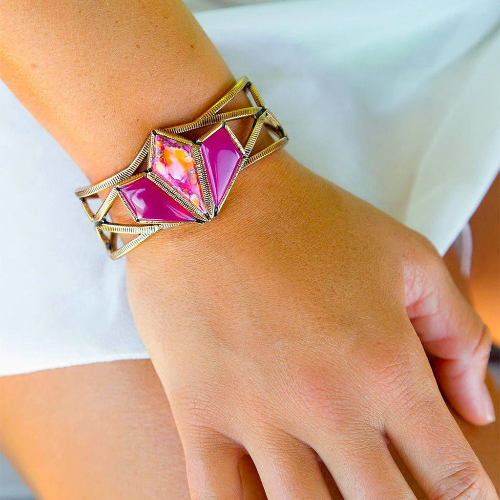 Pink Agate and Coral Matrix Golden Cuff Bracelet by Barse Jewelry