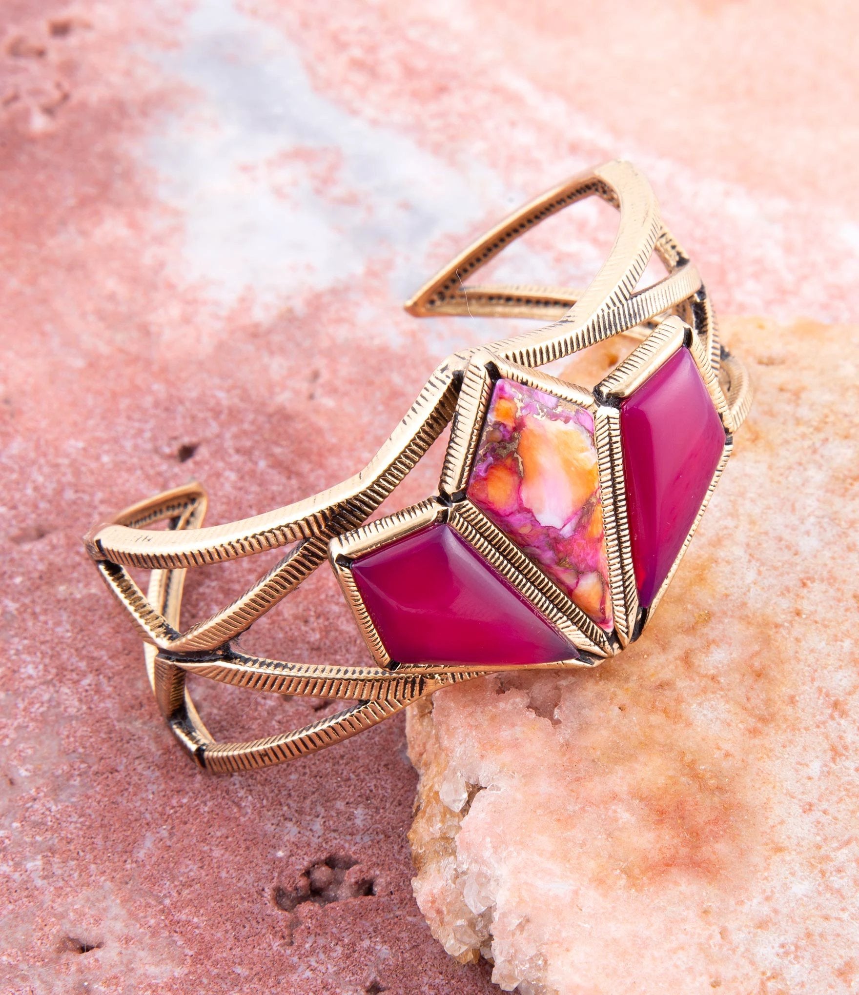 Pink Agate and Coral Matrix Golden Cuff Bracelet by Barse Jewelry