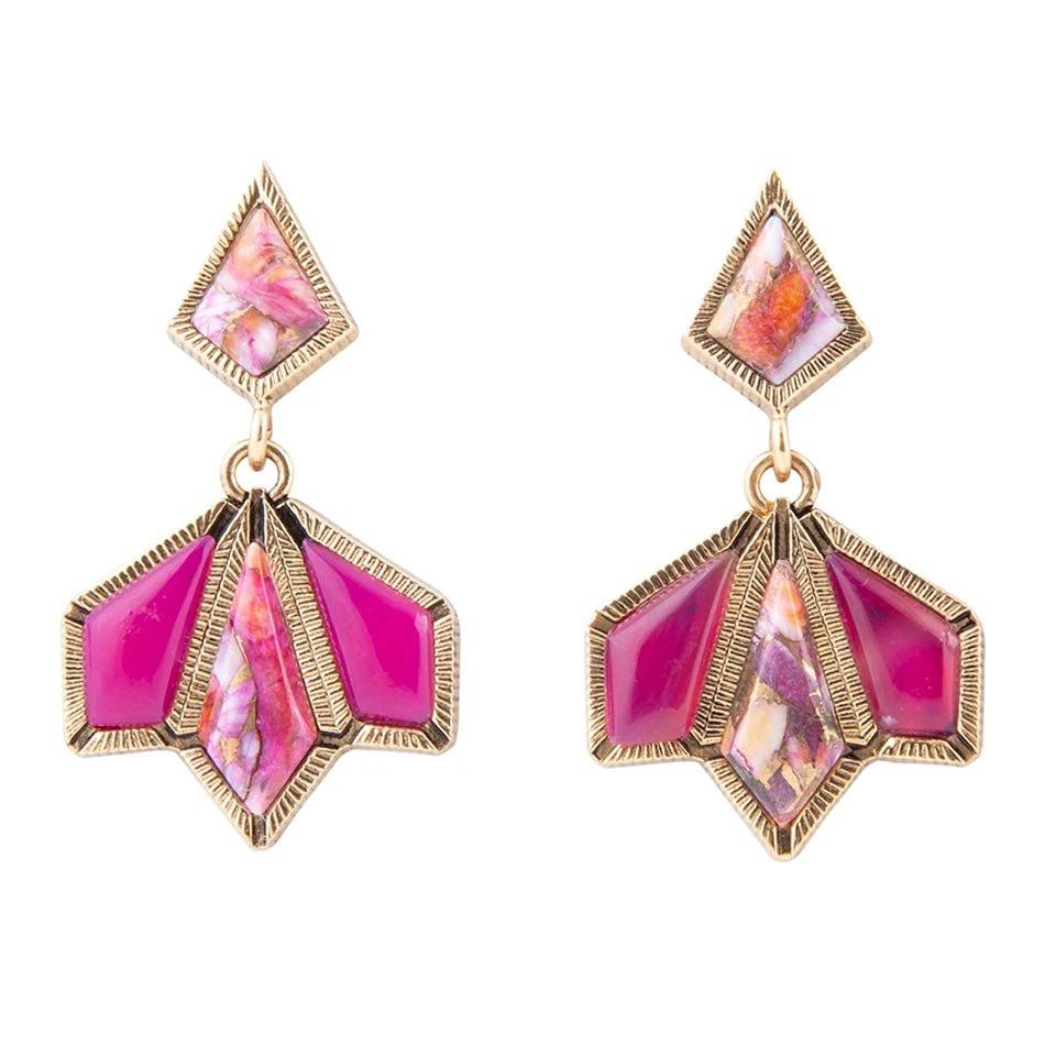 Pink Agate and Shell Matrix Golden Statement Earrings by Barse Jewelry