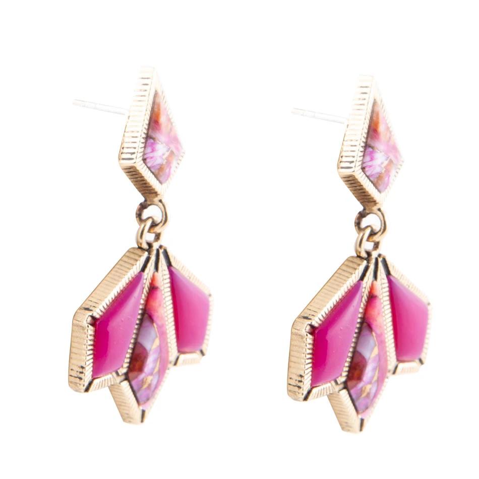 Pink Agate and Shell Matrix Golden Statement Earrings by Barse Jewelry