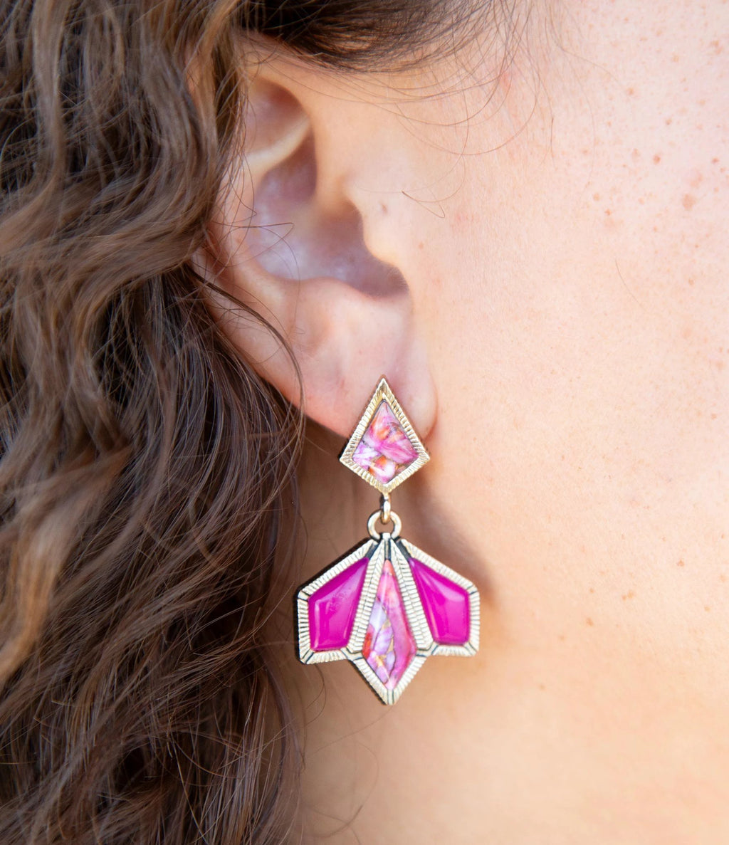 Pink Agate and Shell Matrix Golden Statement Earrings by Barse Jewelry
