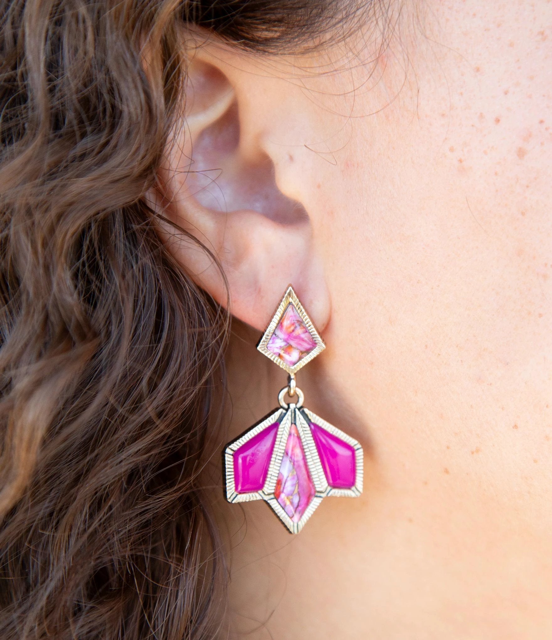 Pink Agate and Shell Matrix Golden Statement Earrings by Barse Jewelry