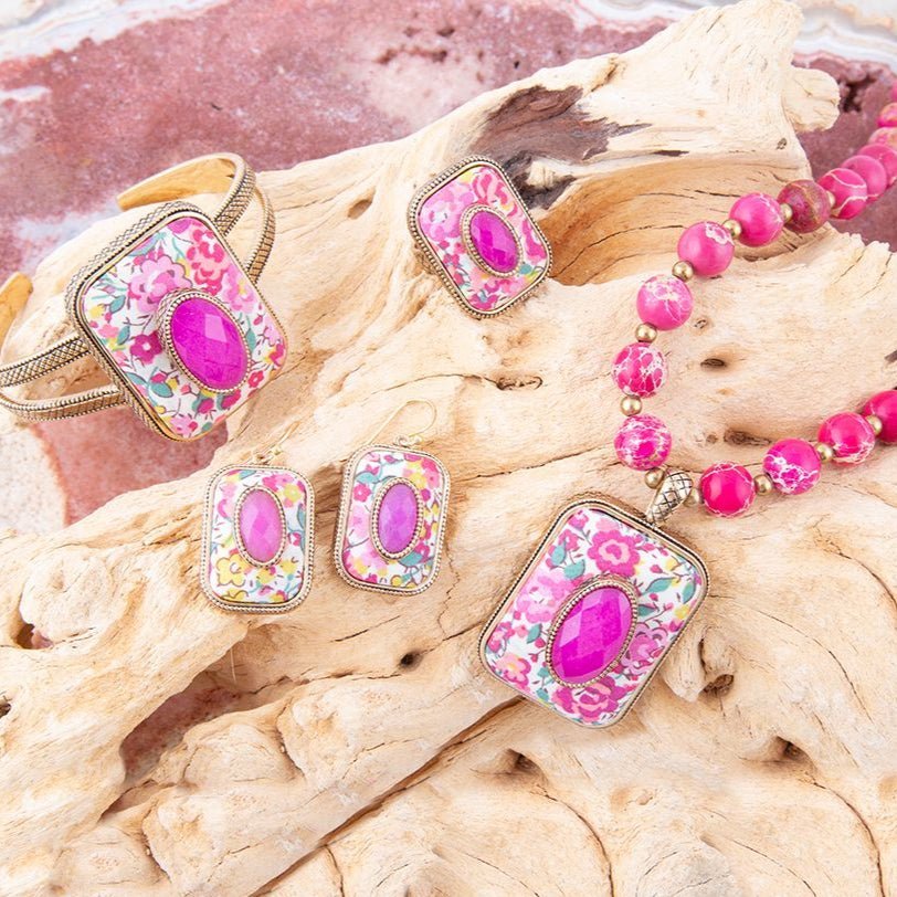 Pink Agate Stacked Stone Floral Cuff Bracelet Bracelets La Vie Bien Pink Agate Stacked Stone Floral Cuff Bracelet
