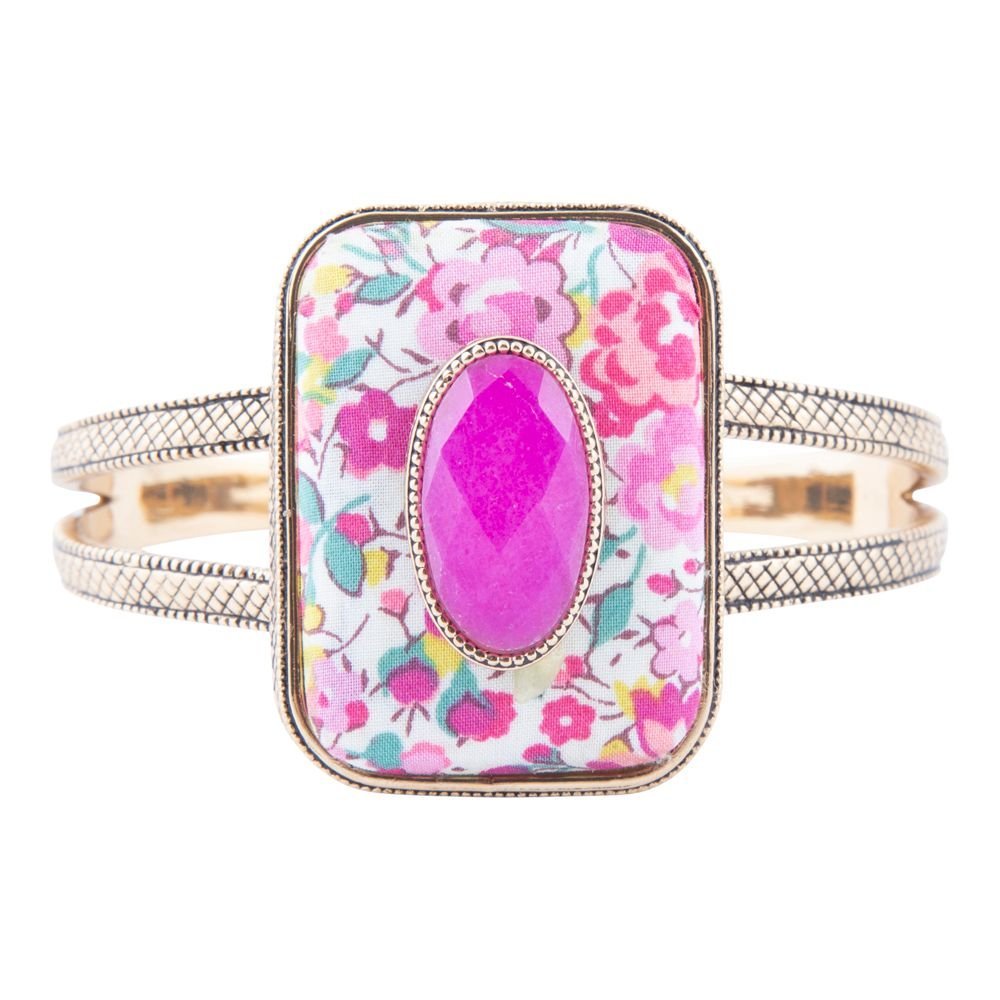Pink Agate Stacked Stone Floral Cuff Bracelet Bracelets La Vie Bien Pink Agate Stacked Stone Floral Cuff Bracelet