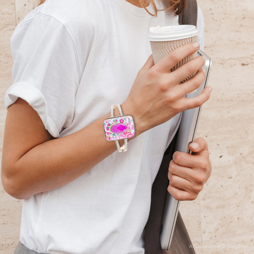 Pink Agate Stacked Stone Floral Cuff Bracelet Bracelets La Vie Bien Pink Agate Stacked Stone Floral Cuff Bracelet