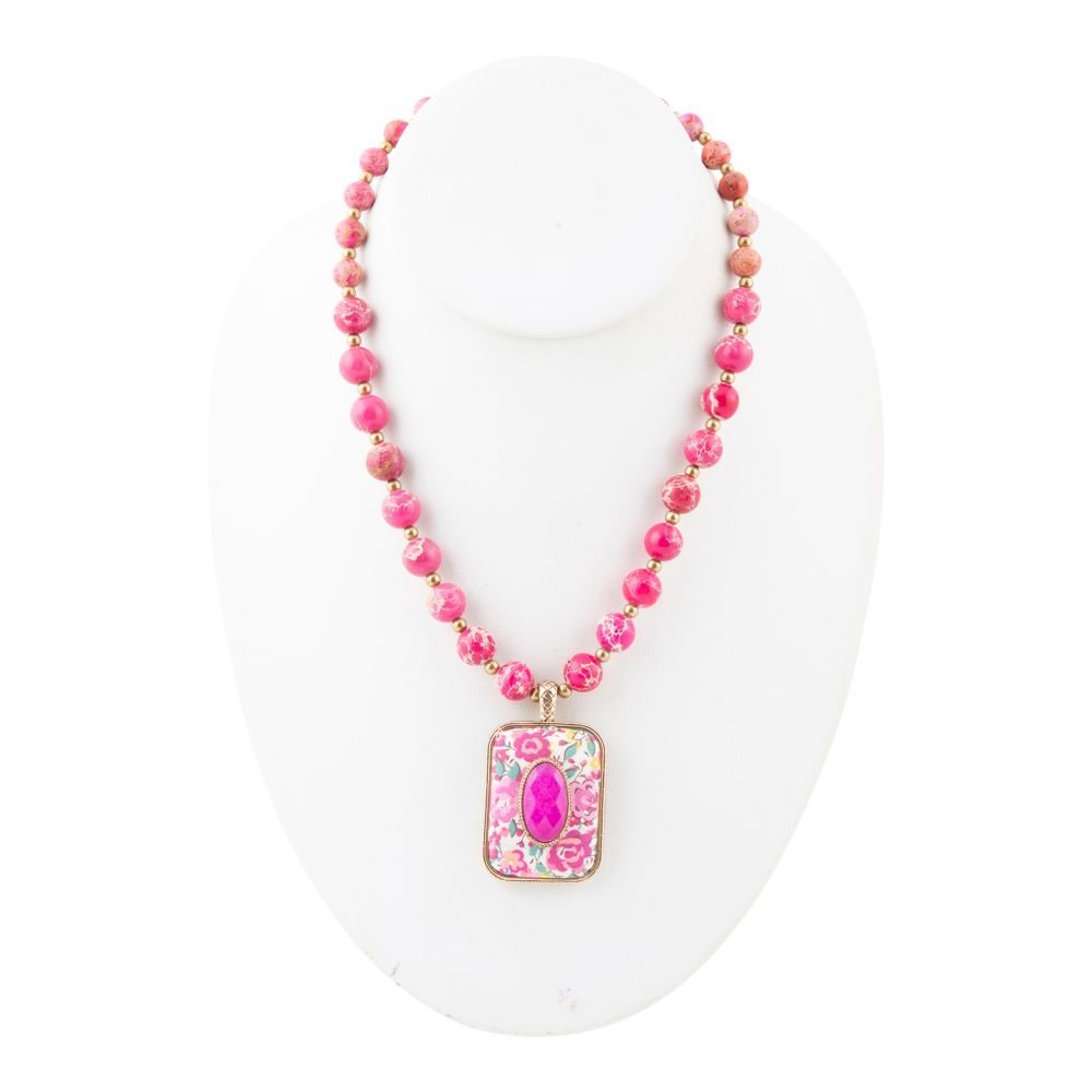 Pink Agate Stacked Stone Floral Pendant Necklace Necklaces La Vie Bien Pink Agate Stacked Stone Floral Pendant Necklace