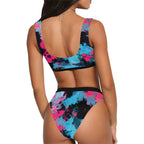 Pink and Blue Paint Splatter Sport Top & High-Waisted Bikini Swimsuit / Rave Set | UV Blacklight Reactive by BigTexFunkadelic