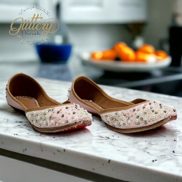 Pink Ethnic Punjabi leather Jutti with Pearl Work | Indian Traditional Mojari | Women's Khussa Shoes | Indian Ballet Flats Jutti La Vie Bien Pink Ethnic Punjabi leather Jutti with Pearl Work | Indian Traditional Mojari | Women's Khussa Shoes | Indian Ballet Flats