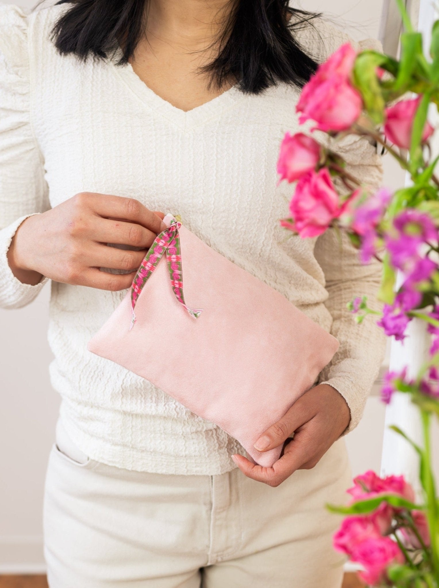 Pink Fleur Vegan Suede Clutch Purse