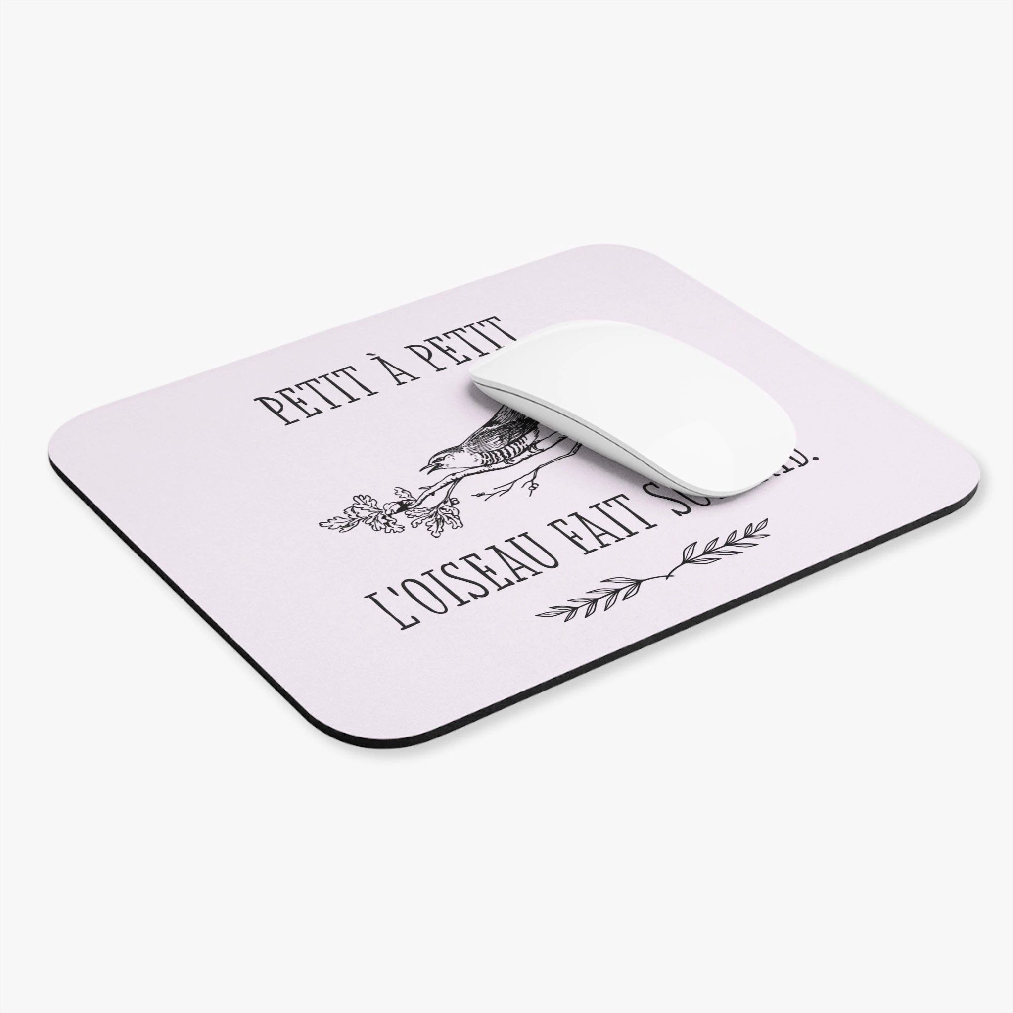 Pink French Quote Mouse Pad — “Petit à petit, l'oiseau fait son nid” Decorative Desk Mat by Printify