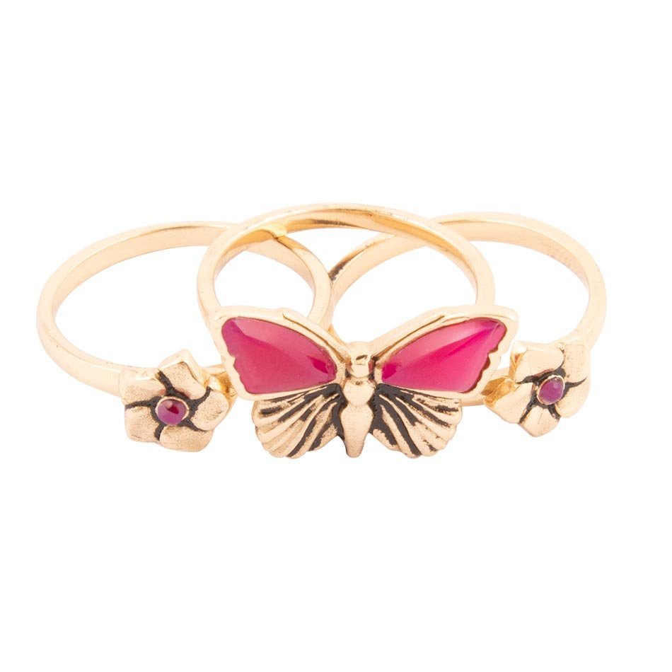 Pink Fuchsia Agate Golden Butterflies Triple Ring Set Rings La Vie Bien Pink Fuchsia Agate Golden Butterflies Triple Ring Set