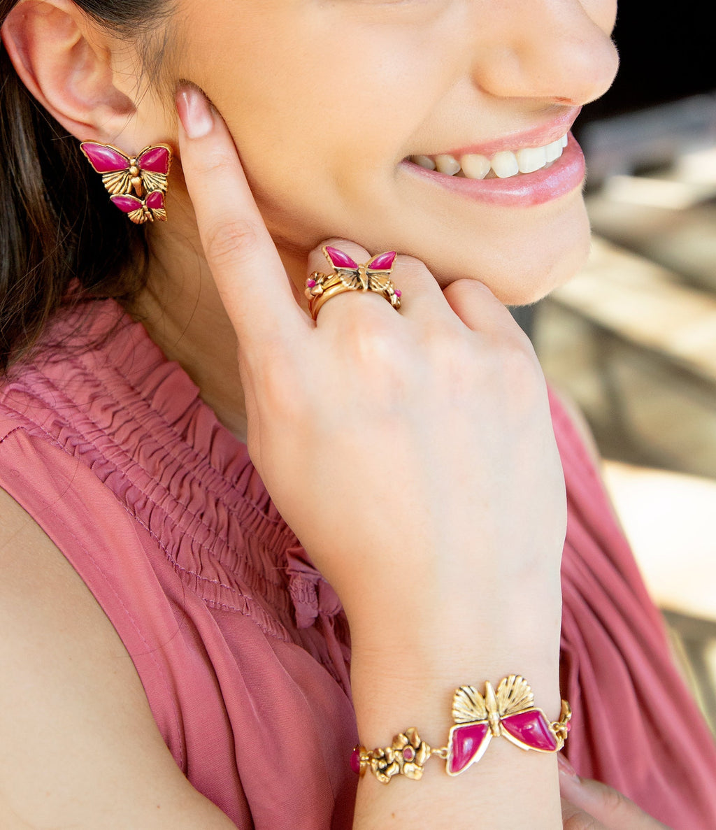 Pink Fuchsia Agate Golden Butterflies Triple Ring Set Rings La Vie Bien Pink Fuchsia Agate Golden Butterflies Triple Ring Set