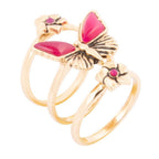 Pink Fuchsia Agate Golden Butterflies Triple Ring Set Rings La Vie Bien Pink Fuchsia Agate Golden Butterflies Triple Ring Set