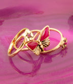 Pink Fuchsia Agate Golden Butterflies Triple Ring Set Rings La Vie Bien Pink Fuchsia Agate Golden Butterflies Triple Ring Set