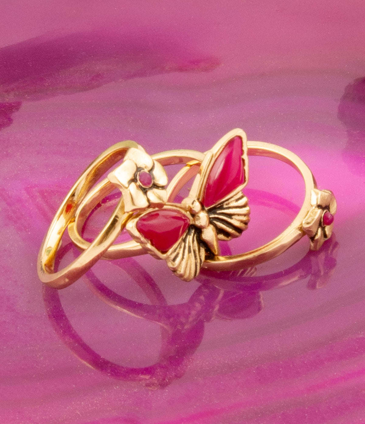 Pink Fuchsia Agate Golden Butterflies Triple Ring Set Rings La Vie Bien Pink Fuchsia Agate Golden Butterflies Triple Ring Set