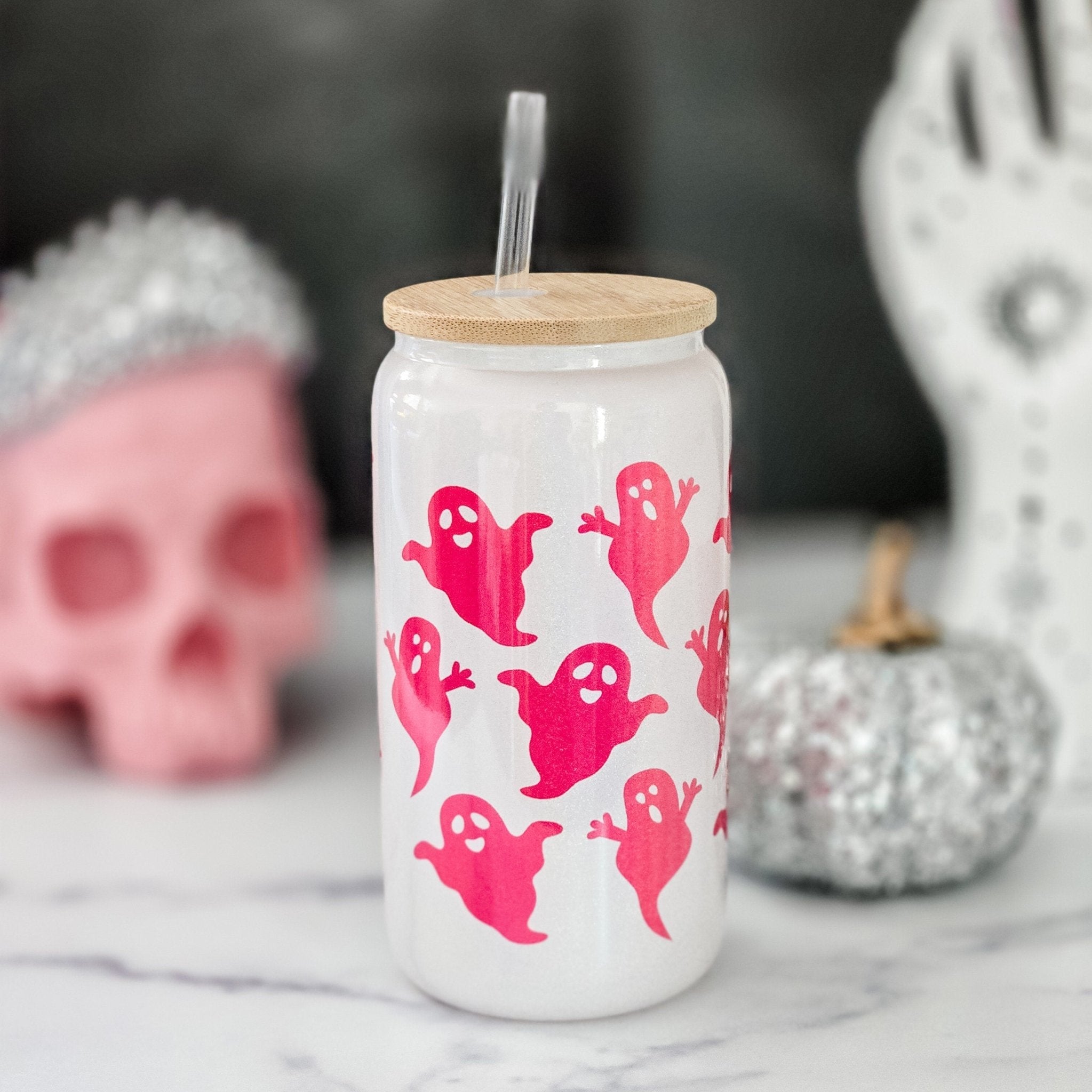 Pink Ghost Sparkly Printed Iced Coffee Cup Drinkware La Vie Bien Pink Ghost Sparkly Printed Iced Coffee Cup