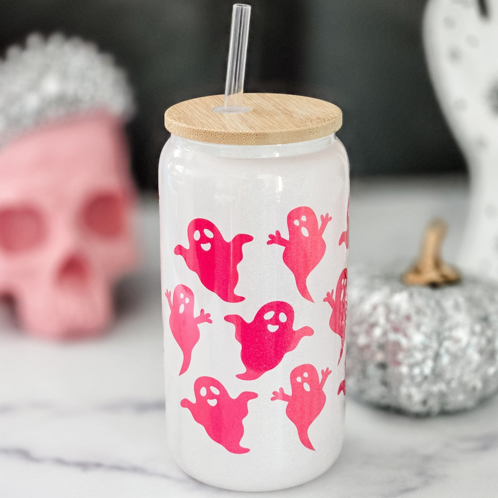 Pink Ghost Sparkly Printed Iced Coffee Cup Drinkware La Vie Bien Pink Ghost Sparkly Printed Iced Coffee Cup