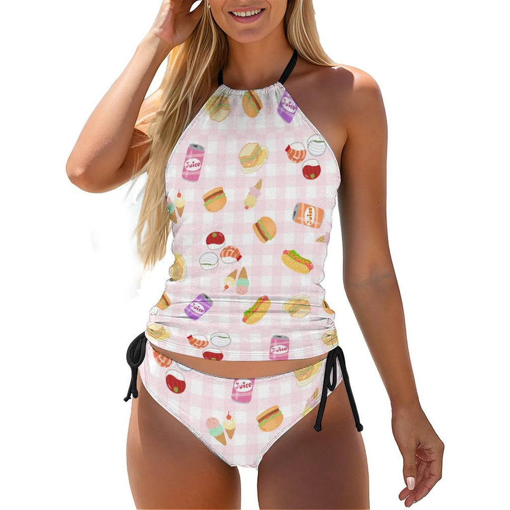 Pink gingham foodie print 2-Piece Women's Tankini Set with High Neck Halter Top with juice cans, sushi, hot dogs and hamburgers tankini La Vie Bien Pink gingham foodie print 2-Piece Women's Tankini Set with High Neck Halter Top with juice cans, sushi, hot dogs and hamburgers