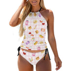 Pink gingham foodie print 2-Piece Women's Tankini Set with High Neck Halter Top with juice cans, sushi, hot dogs and hamburgers tankini La Vie Bien Pink gingham foodie print 2-Piece Women's Tankini Set with High Neck Halter Top with juice cans, sushi, hot dogs and hamburgers