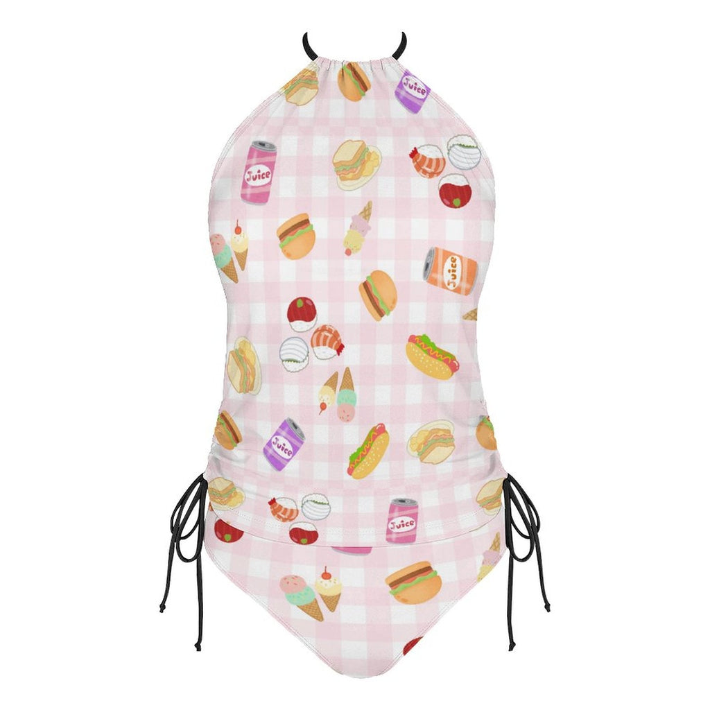 Pink gingham foodie print 2-Piece Women's Tankini Set with High Neck Halter Top with juice cans, sushi, hot dogs and hamburgers tankini La Vie Bien Pink gingham foodie print 2-Piece Women's Tankini Set with High Neck Halter Top with juice cans, sushi, hot dogs and hamburgers