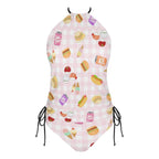 Pink gingham foodie print 2-Piece Women's Tankini Set with High Neck Halter Top with juice cans, sushi, hot dogs and hamburgers tankini La Vie Bien Pink gingham foodie print 2-Piece Women's Tankini Set with High Neck Halter Top with juice cans, sushi, hot dogs and hamburgers
