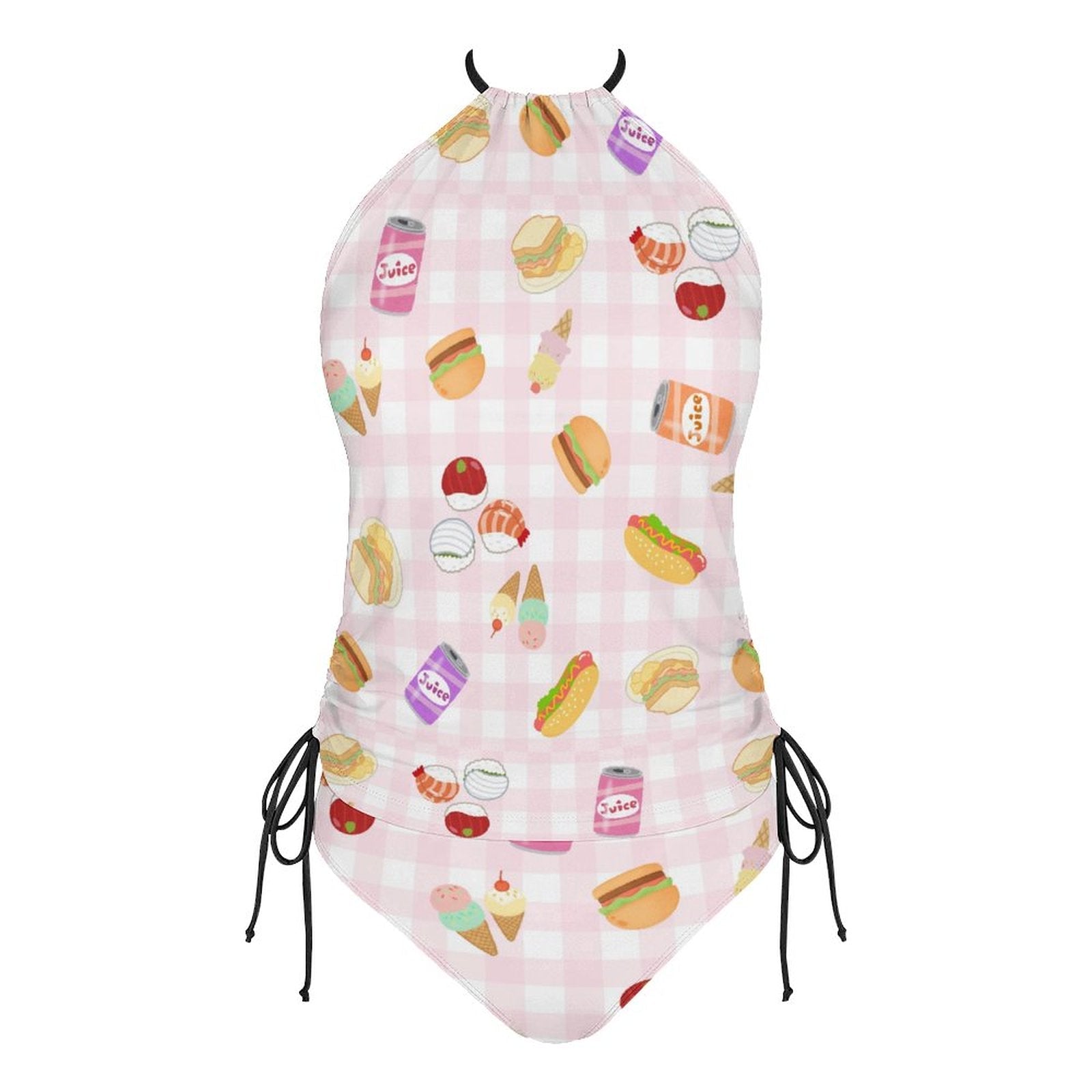 Pink gingham foodie print 2-Piece Women's Tankini Set with High Neck Halter Top with juice cans, sushi, hot dogs and hamburgers tankini La Vie Bien Pink gingham foodie print 2-Piece Women's Tankini Set with High Neck Halter Top with juice cans, sushi, hot dogs and hamburgers