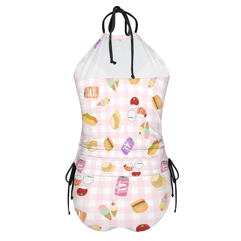 Pink gingham foodie print 2-Piece Women's Tankini Set with High Neck Halter Top with juice cans, sushi, hot dogs and hamburgers tankini La Vie Bien Pink gingham foodie print 2-Piece Women's Tankini Set with High Neck Halter Top with juice cans, sushi, hot dogs and hamburgers