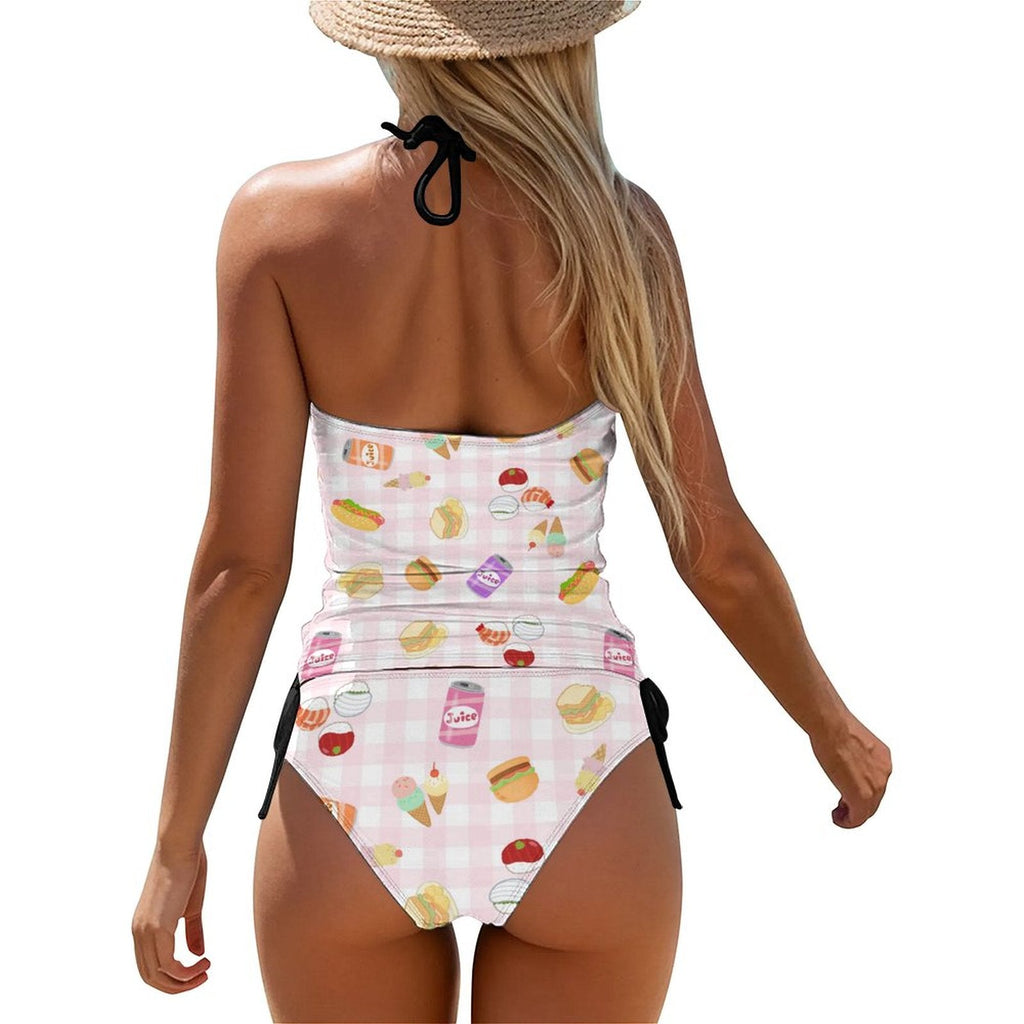 Pink gingham foodie print 2-Piece Women's Tankini Set with High Neck Halter Top with juice cans, sushi, hot dogs and hamburgers tankini La Vie Bien Pink gingham foodie print 2-Piece Women's Tankini Set with High Neck Halter Top with juice cans, sushi, hot dogs and hamburgers