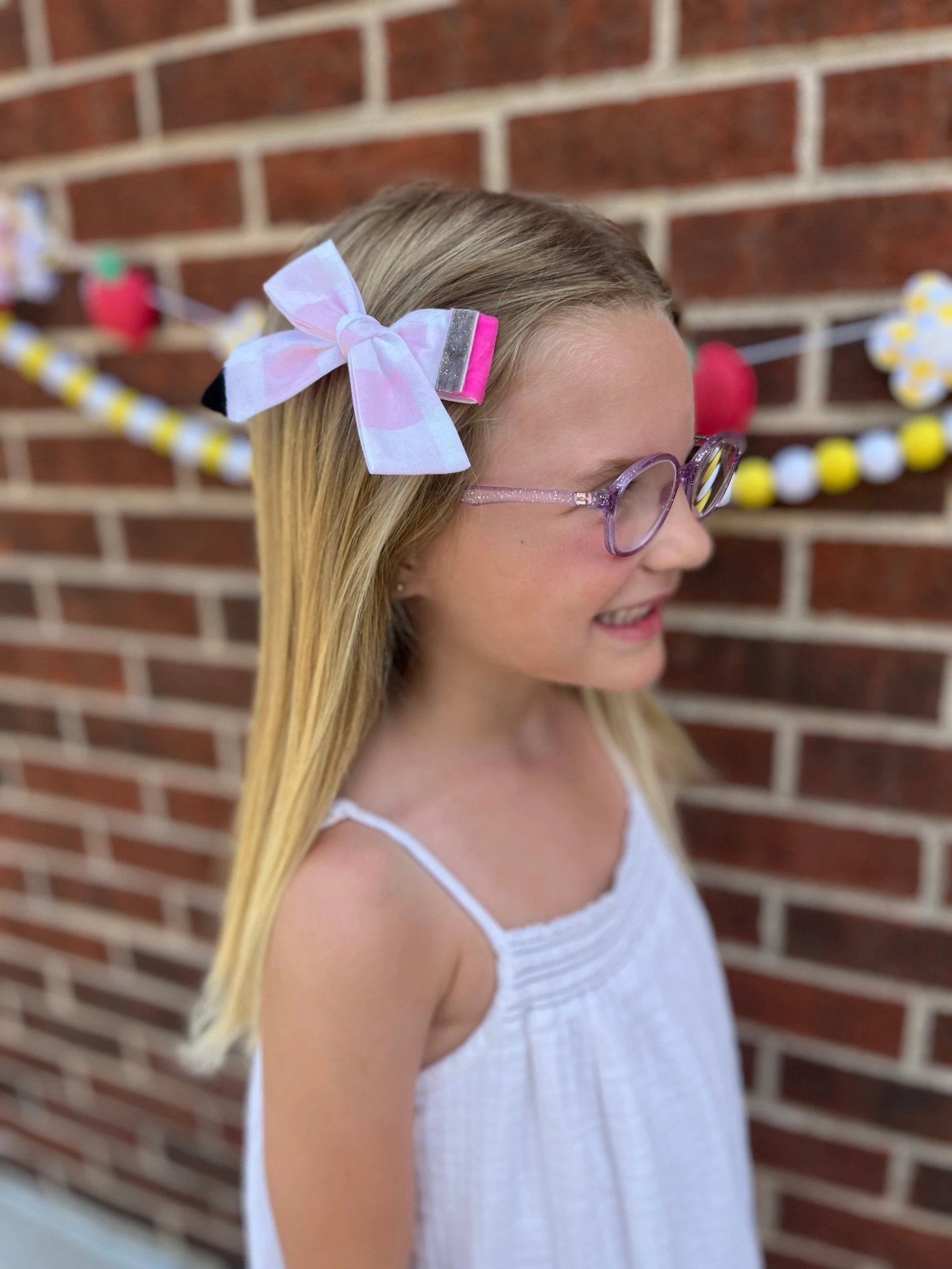 Pink Gingham Pencil Medium Hair Bow by Evie Pearl Handmade