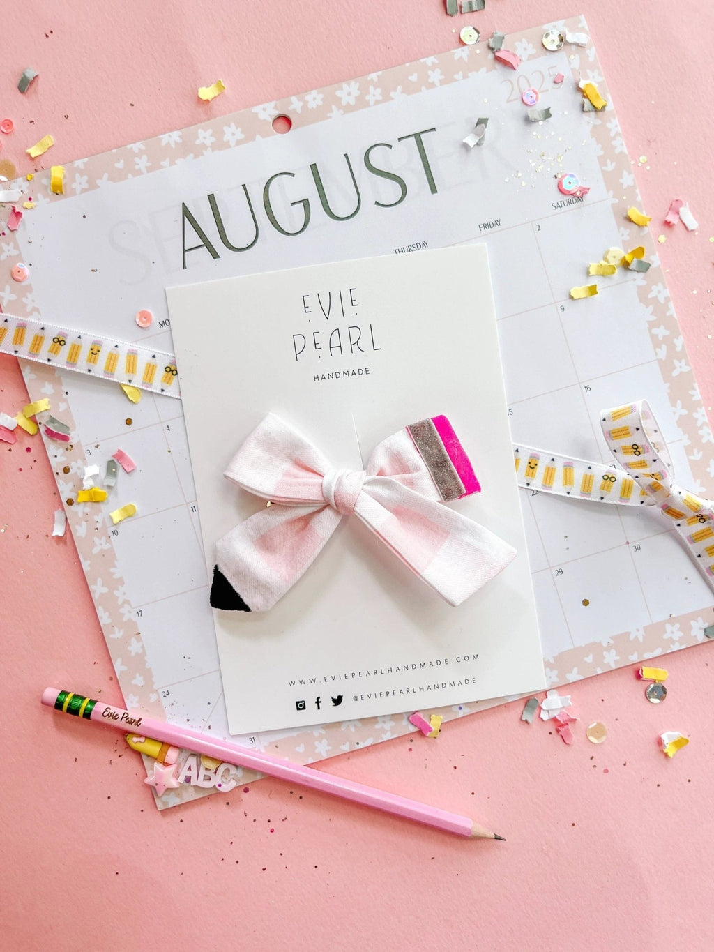 Pink Gingham Pencil Medium Hair Bow by Evie Pearl Handmade