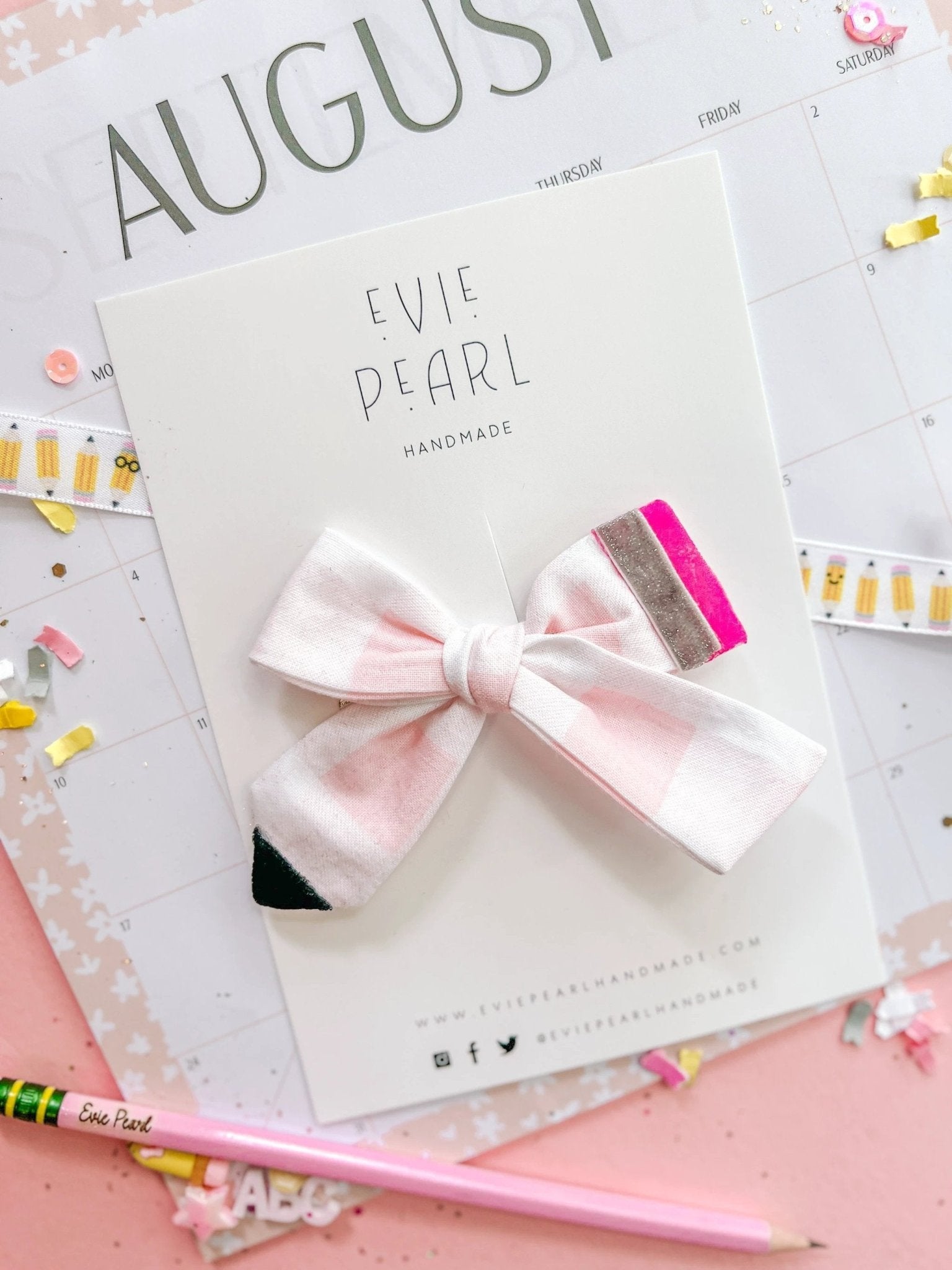 Pink Gingham Pencil Medium Hair Bow by Evie Pearl Handmade