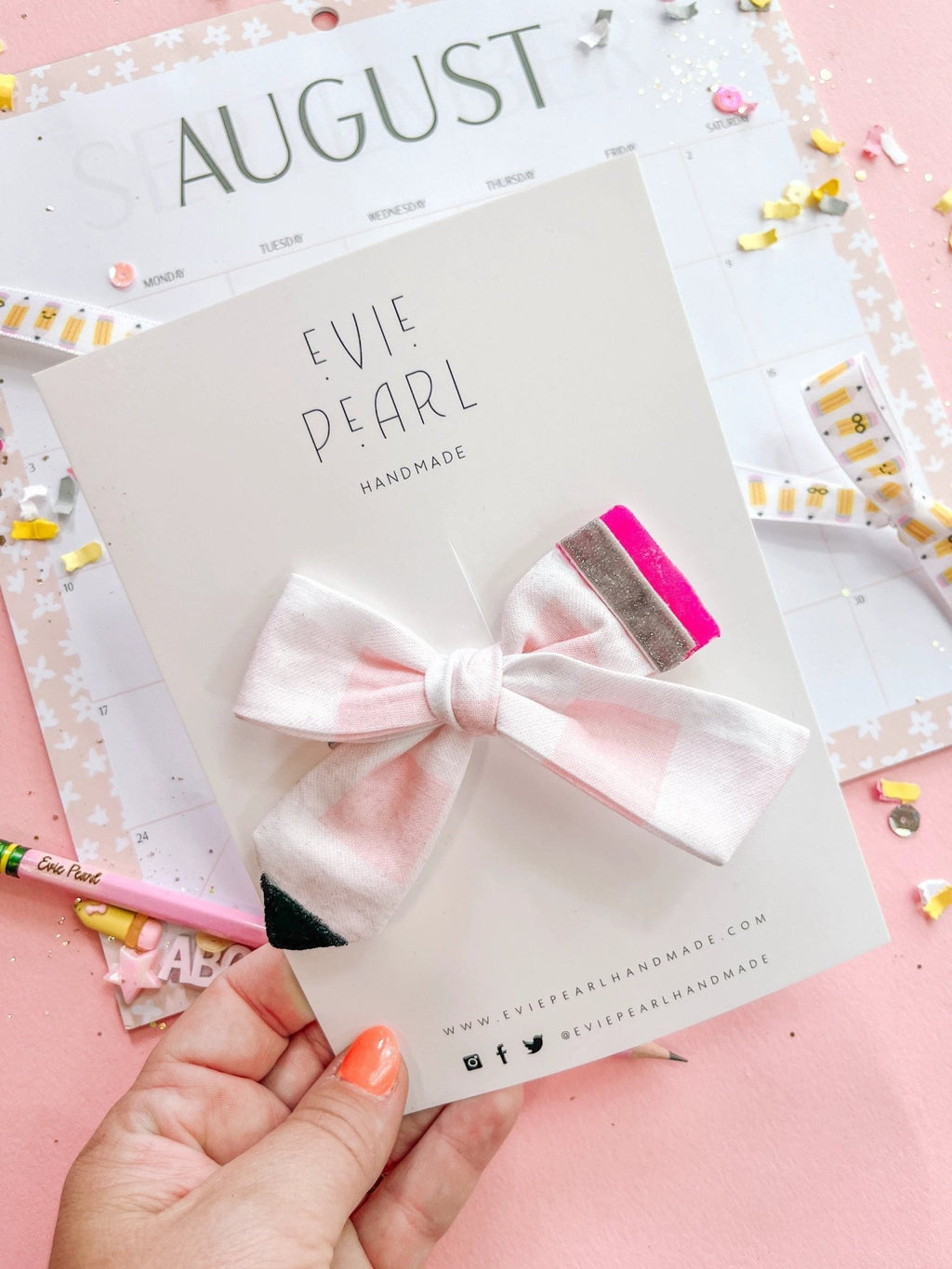 Pink Gingham Pencil Medium Hair Bow by Evie Pearl Handmade