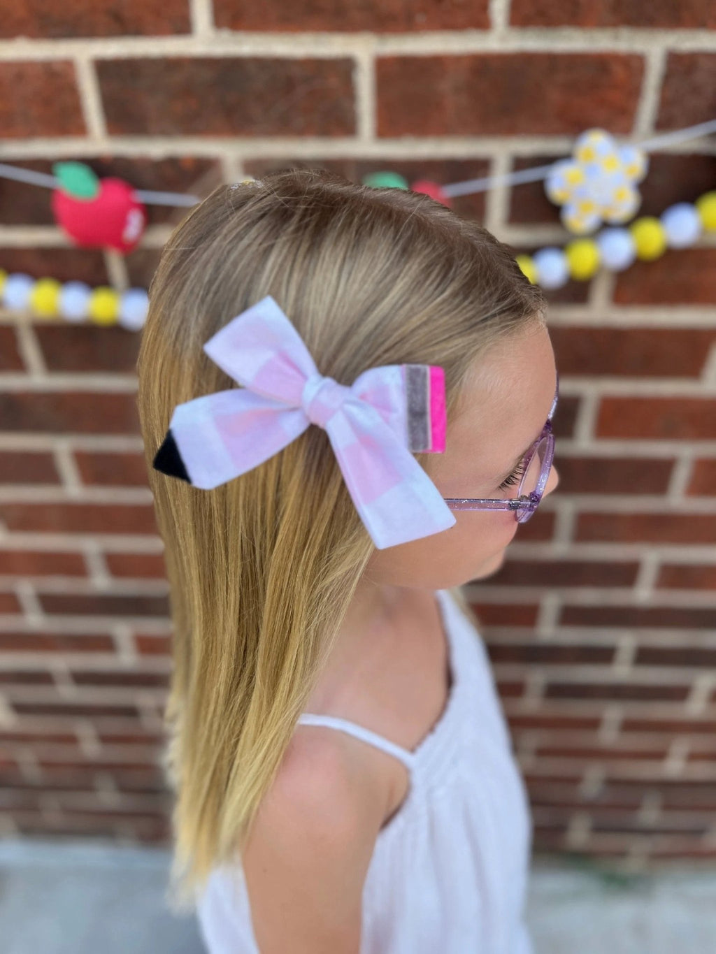 Pink Gingham Pencil Medium Hair Bow by Evie Pearl Handmade