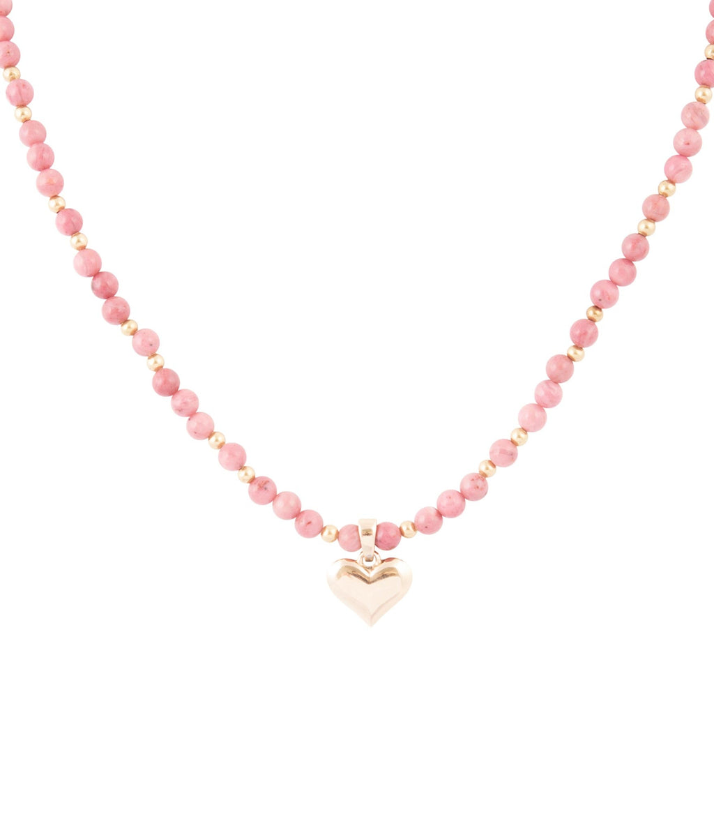 Pink Rhodonite and Golden Bronze Heart Pendant Necklace Necklaces La Vie Bien Pink Rhodonite and Golden Bronze Heart Pendant Necklace