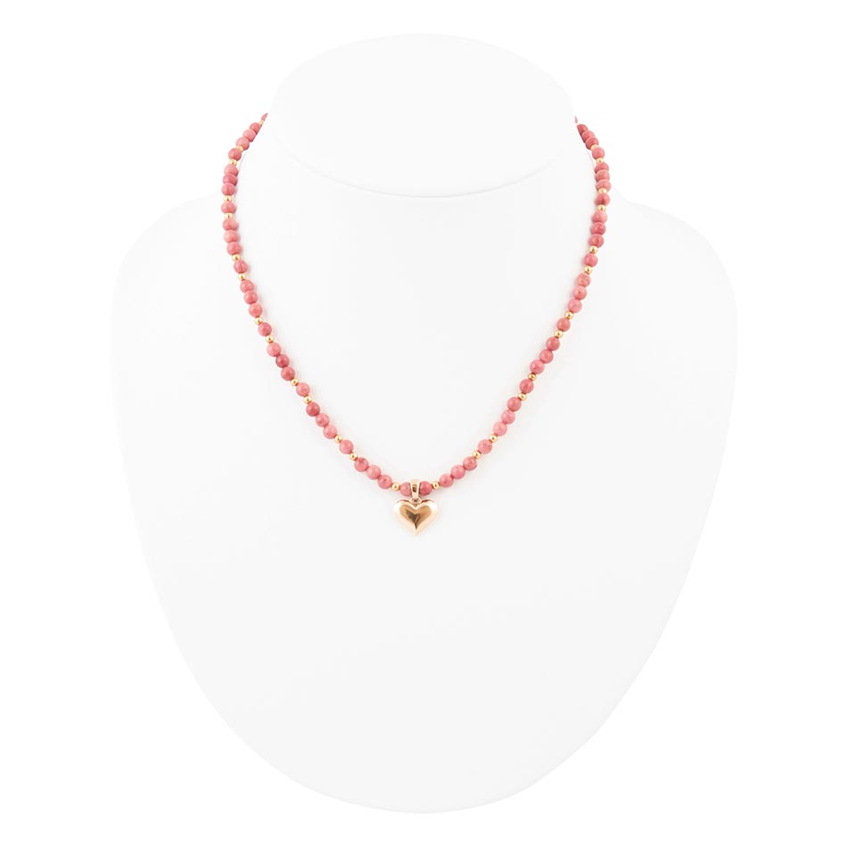 Pink Rhodonite and Golden Bronze Heart Pendant Necklace Necklaces La Vie Bien Pink Rhodonite and Golden Bronze Heart Pendant Necklace