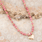 Pink Rhodonite and Golden Bronze Heart Pendant Necklace Necklaces La Vie Bien Pink Rhodonite and Golden Bronze Heart Pendant Necklace