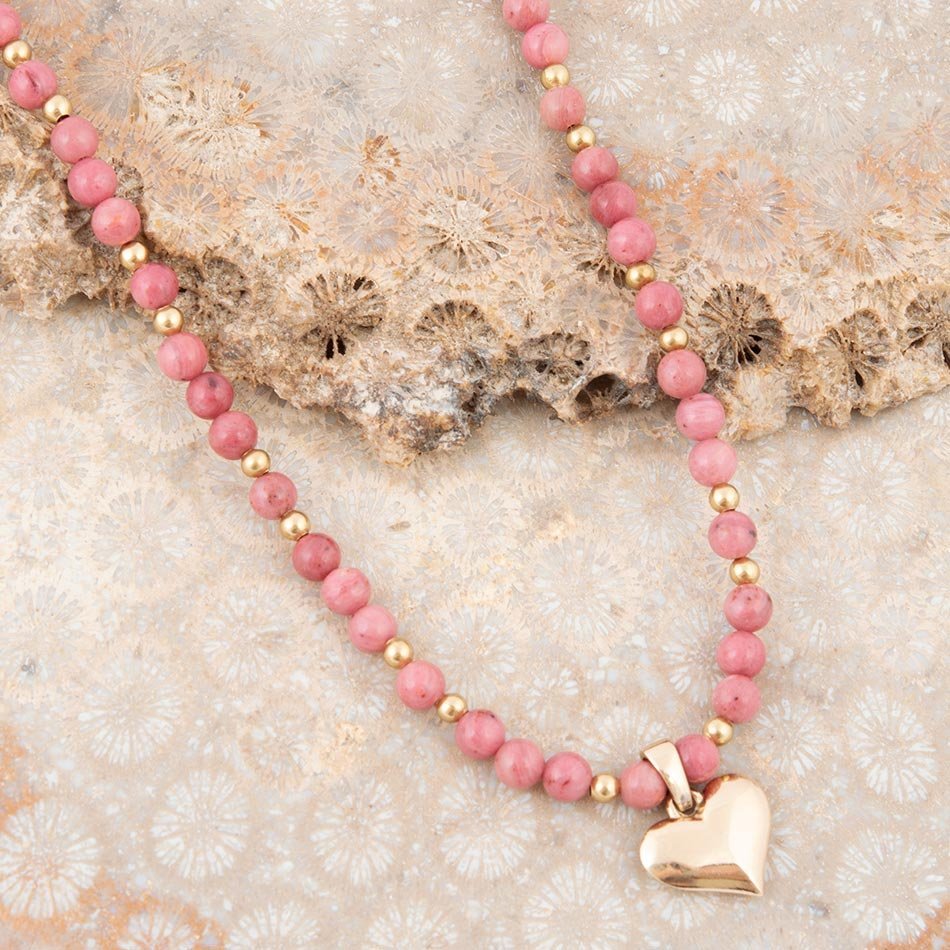Pink Rhodonite and Golden Bronze Heart Pendant Necklace Necklaces La Vie Bien Pink Rhodonite and Golden Bronze Heart Pendant Necklace