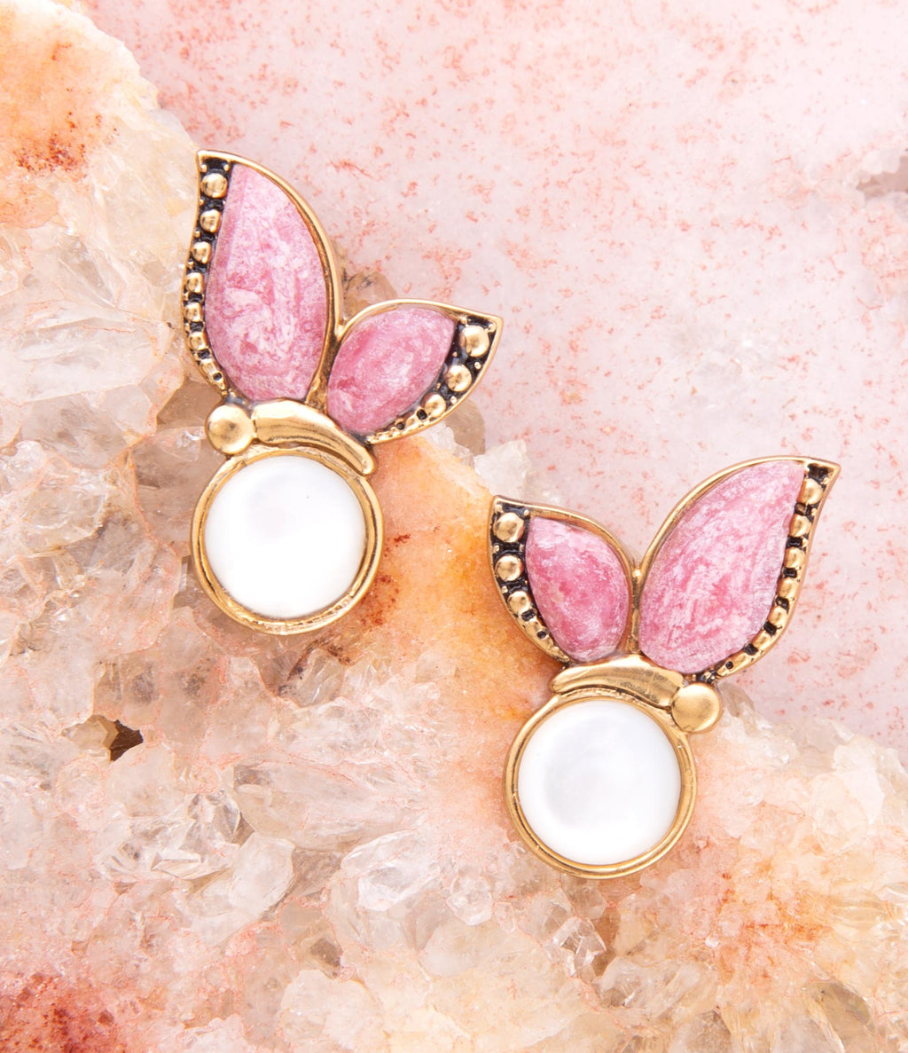 Pink Rhodonite and White Mother of Pearl Golden Butterflies Post Earrings Earrings La Vie Bien Pink Rhodonite and White Mother of Pearl Golden Butterflies Post Earrings