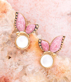 Pink Rhodonite and White Mother of Pearl Golden Butterflies Post Earrings Earrings La Vie Bien Pink Rhodonite and White Mother of Pearl Golden Butterflies Post Earrings