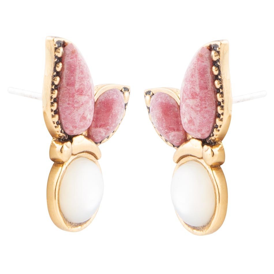 Pink Rhodonite and White Mother of Pearl Golden Butterflies Post Earrings Earrings La Vie Bien Pink Rhodonite and White Mother of Pearl Golden Butterflies Post Earrings