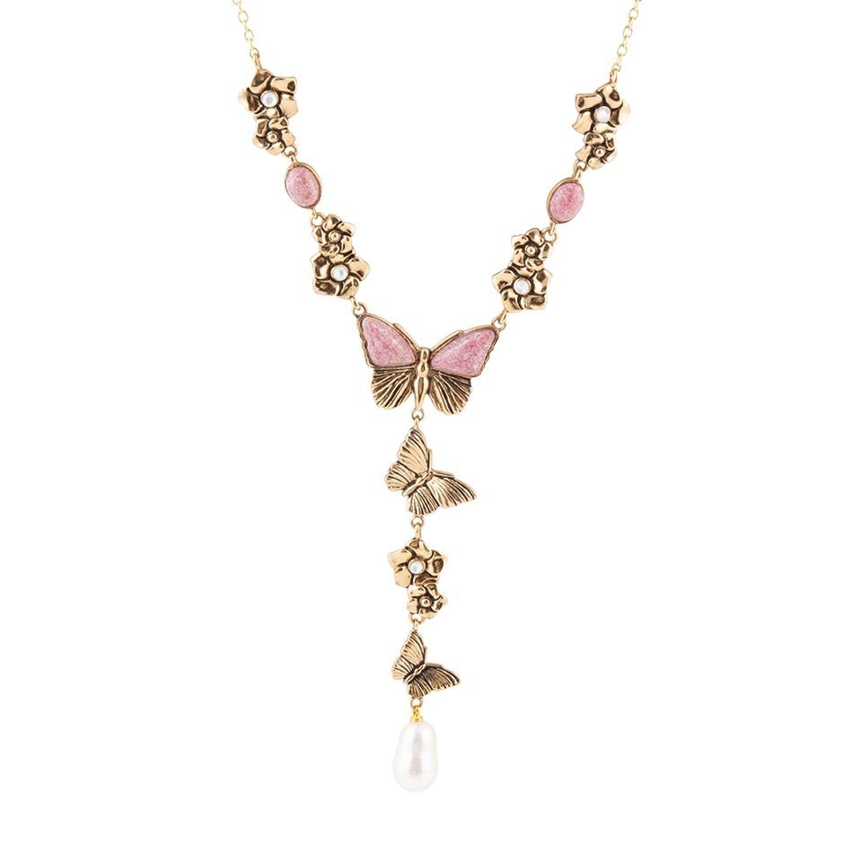 Pink Rhodonite and White Pearl Golden Butterflies Y Necklace Necklaces La Vie Bien Pink Rhodonite and White Pearl Golden Butterflies Y Necklace