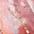 Pink Rhodonite and White Pearl Golden Butterflies Y Necklace Necklaces La Vie Bien Pink Rhodonite and White Pearl Golden Butterflies Y Necklace