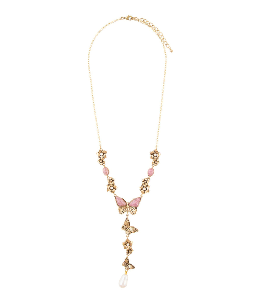 Pink Rhodonite and White Pearl Golden Butterflies Y Necklace Necklaces La Vie Bien Pink Rhodonite and White Pearl Golden Butterflies Y Necklace