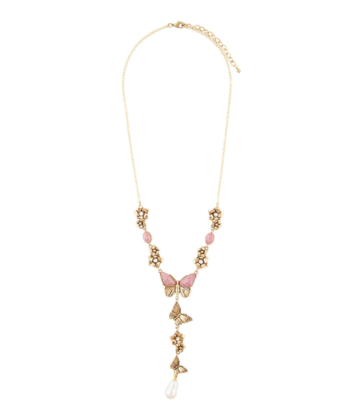 Pink Rhodonite and White Pearl Golden Butterflies Y Necklace Necklaces La Vie Bien Pink Rhodonite and White Pearl Golden Butterflies Y Necklace