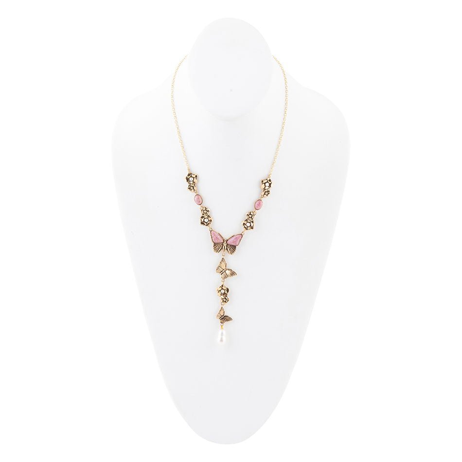 Pink Rhodonite and White Pearl Golden Butterflies Y Necklace Necklaces La Vie Bien Pink Rhodonite and White Pearl Golden Butterflies Y Necklace